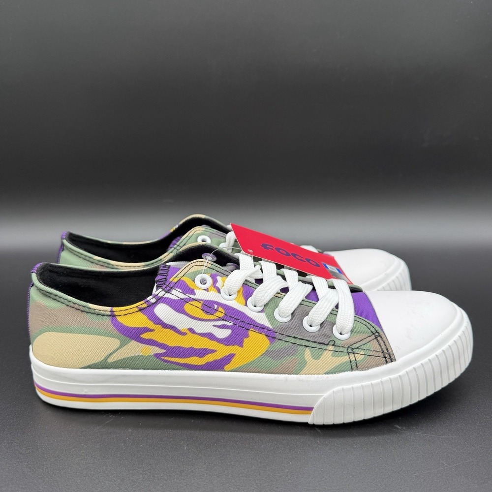 NWT LSU Tigers Low Top Canvas Sneakers Women's Sz 10 by FOCO Camo Purple Yellow